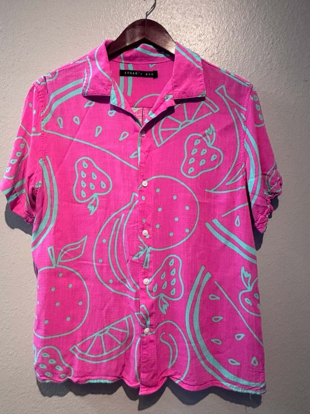 Edgar + Ash Fruit Print Short Sleeve Button Up Shirt Size M Pink